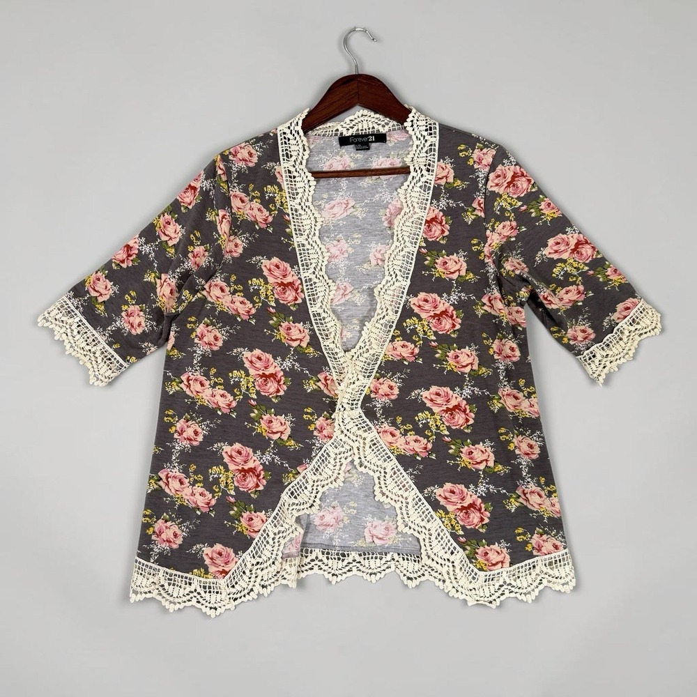 Cottagecore Coquette Floral Crochet Lace Open Cardigan Gray Juniors - Large
